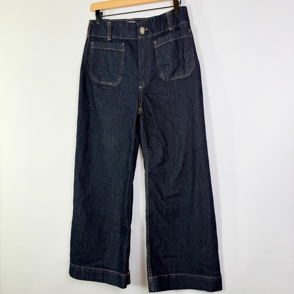 Maeve High Waisted Wide Leg Patch Pocket Denim Jeans Dark Wash Retro Style - Picture 8 of 10